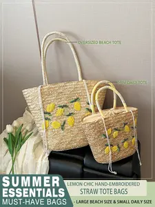 Aesthetic Lemon Embroidered Straw Tote Bag | Handwoven Summer Vacation Beach Bag for Women | 2 Sizes