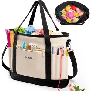 Canvas Yarn Storage Organizer Bag - Crochet Bag with Pockets for Yarn, Hooks,  - Travel Knitting Tote for Crafters -  for Crocheters & Knitters (Medium/Large)