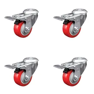Service Caster SCC-SSBHTTL20S3514-PPUB-RED-4 Stainless Steel Polyurethane Swivel Bolt Hole Caster, 3.5x1.25 in. Lockable Red Wheels - Set of 4, Lockable Wheels