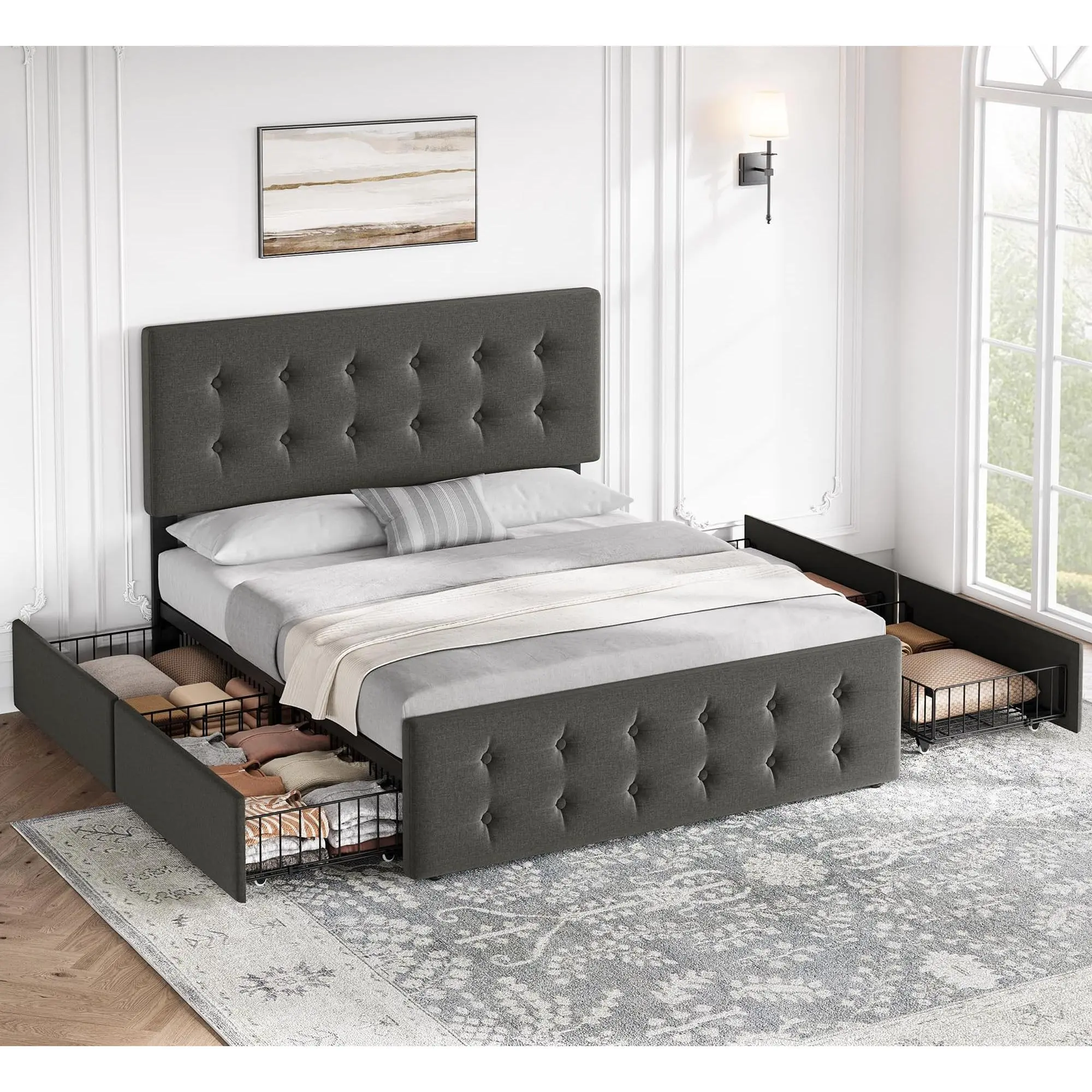 Garvee Upholstered Full Size Bed Frame with Headboard - Hidden Storage Compartment Bed Frame with 4 Drawers, Skin-Friendly Linen Mattress Foundation, 78.74x57.48x42.52 in, 82.2 lbs, Assembly Required, No Box Spring Needed, Hidden Storage Compartment Bed F
