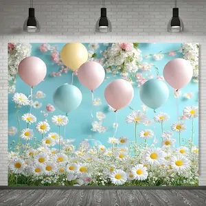 1PC Polyester Reusable 2D Flat Daisy Balloon Flower Backdrop Banner, Blush Pink & Blue Fresh Floral Cloth for Kids' Birthday Party Photo Decorations