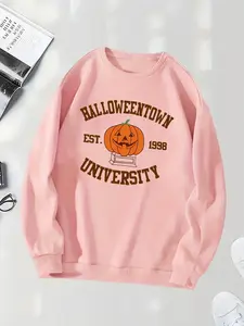 Women's Letter Print Drop Shoulder Sweatshirt, Casual Halloween Long Sleeve Round Neck Pullover for Spring & Fall, Lady Clothes for Daily Wear Black Girl Outfits