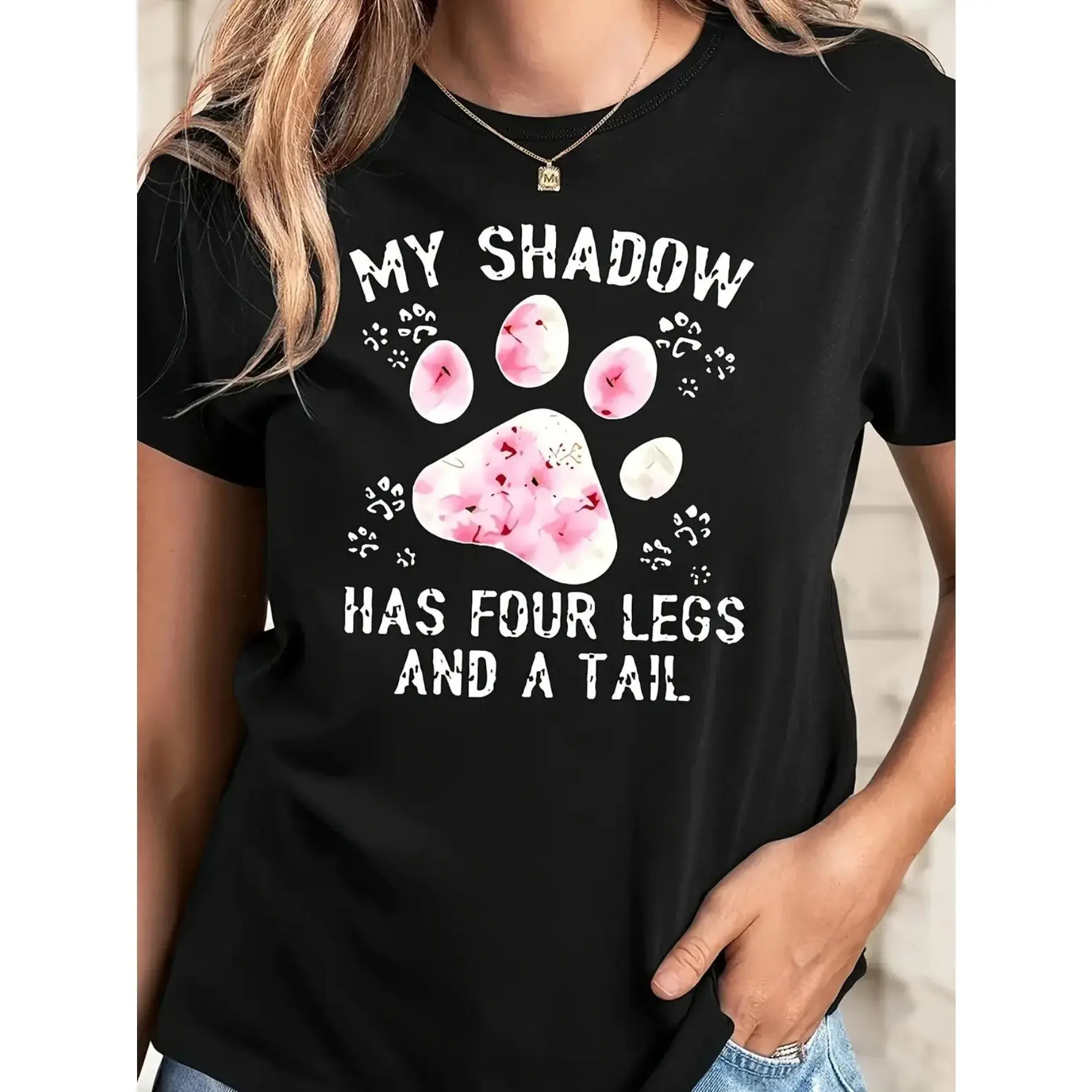 My Shadow Has Four Legs and Tail Paw Print Cotton T-Shirt Stretchy Short Sleeve Crew Neck Tee Featuring Dog and Bone Design Ideal for Spring Summer Fall Casual Wear Machine Washable Pet Lover Gift