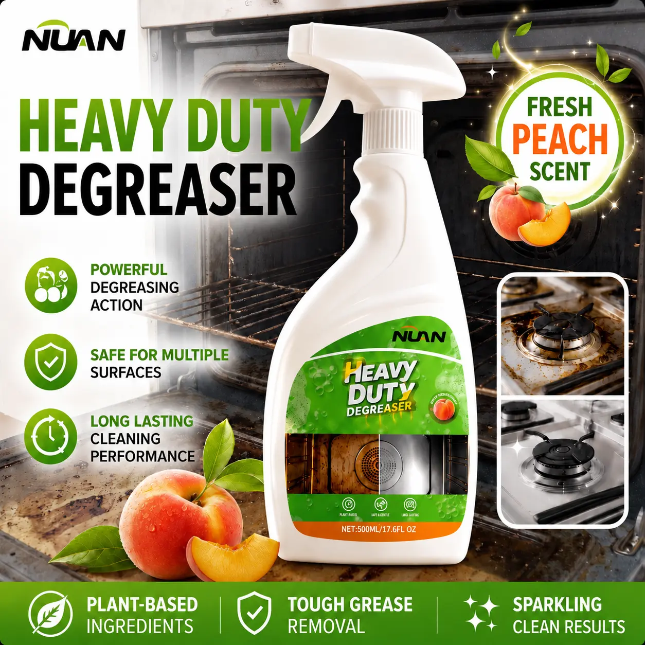 NUAN Kitchen Degreaser Spray, Multi-Surface Grease Cleaner for Stove, Range Hood, Oven, Cooktop and Appliances
