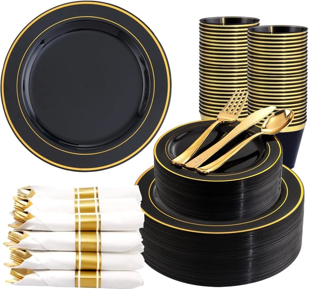 350 Pieces Black and Gold Plastic Plates with Disposable Silverware, Include 50 Dinner Plates 9", 50 Dessert Plates 6.3", 50 Black Cups 9 OZ, 50 Pre Rolled Napkins for Wedding/Party/Birthday/Halloween