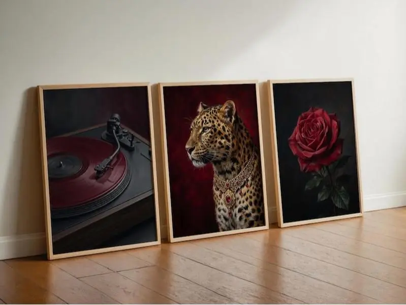 Dark Academia Wall Art Set of 3, Large Above Couch Print, Burgundy Leopard Poster, Maroon Vintage Record Vinyl Player, Decor For Living Room