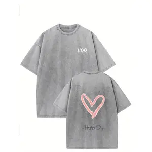 Sticker Print Oversized Solid Drop Shoulder T Shirts Formen Vintage Streetwear Basic Tees Baggy Hip Hop Unisex Tops Acid Wash Tshirt