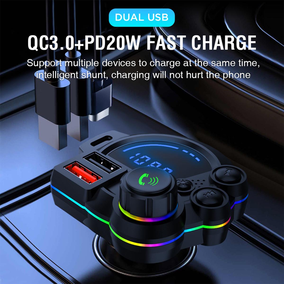 Car Bluetooth 5.3 FM Transmitter PD20W QC3.0 Fast Charger Lossless Audio MP3 Player with RGB Ambient Light