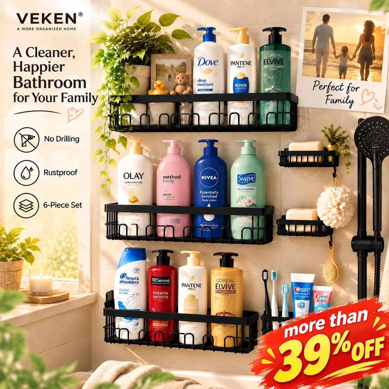【Veken】6-Pack Shower Caddy Set for Family Bathrooms, No-Drill Adhesive Shower Organizer, Rustproof Stainless Steel Shower Shelves, Large-Capacity Bathroom Storage