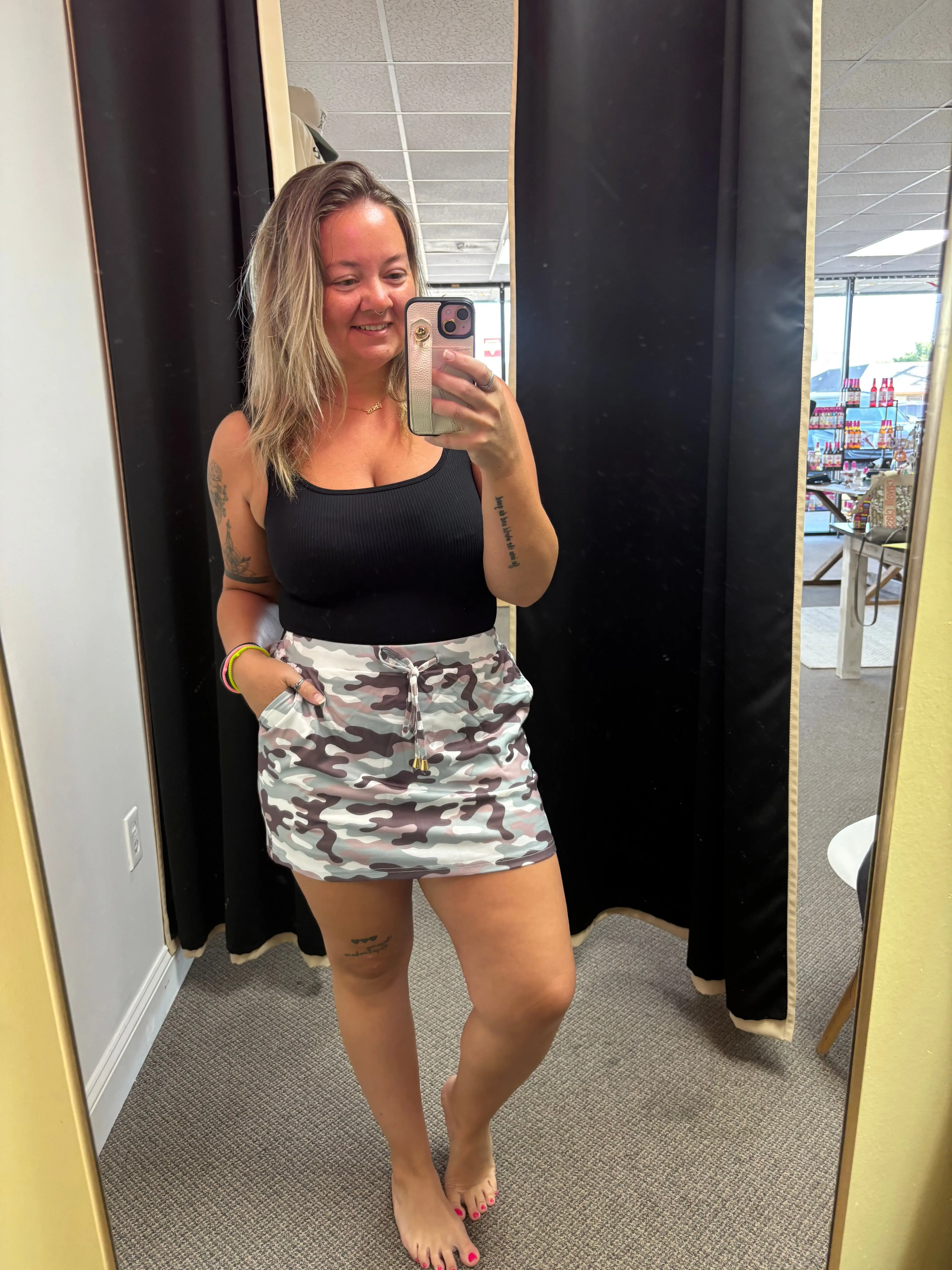 Green Camouflage Print Drawstring Casual Mini Skort
