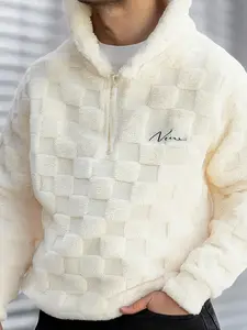 Men's Fleece Soft Sweatshirt 'venus' Embroidered Half-Zip Fitted, Textured Plaid Design, Winter Daily Wear, Super Warm Streetwear, Stand Collar Pullover Tops