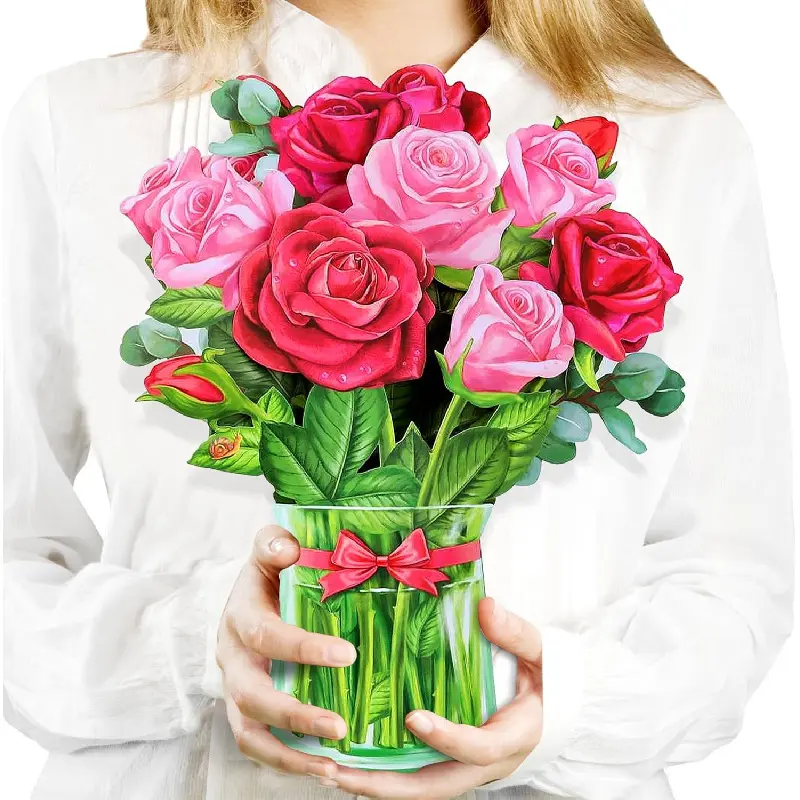 Pop Up Flower Cards, 3D Paper Flowers Bouquet Mothers Day Card 12’' with Blank Note and Envelope, Birthday, Anniversary, Get Well Greeting, Wedding Gifts Cards for Women Wife Mom, Red Rose