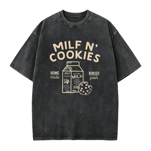 Women's Slim-Fitting Casual Round Neck Custom-Printed Cotton Trendy Graphic Shirt - Short Sleeve, Soft Lightweight Seamless Fabric, Solid/Bold Print, Funny "Milf N' Cookies" Saying, Foldable, All-Season Tee Adapts to Daily Plans, Ideal Gift for Ladies