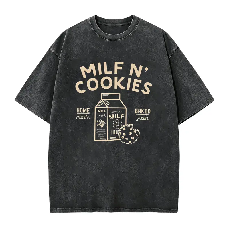 Women's Slim-Fitting Casual Round Neck Custom-Printed Cotton Trendy Graphic Shirt - Short Sleeve, Soft Lightweight Seamless Fabric, Solid/Bold Print, Funny "Milf N' Cookies" Saying, Foldable, All-Season Tee Adapts to Daily Plans, Ideal Gift for Ladies