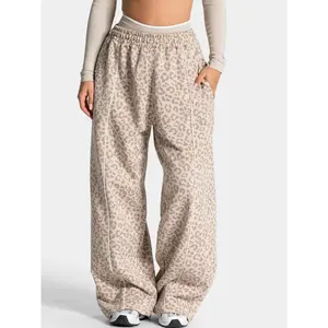 Women High Elastic Leopard Print Yoga Pants Loose Wide Leg Fitness Workout Pants Butt Lifting Slim Casual Sports Trousers