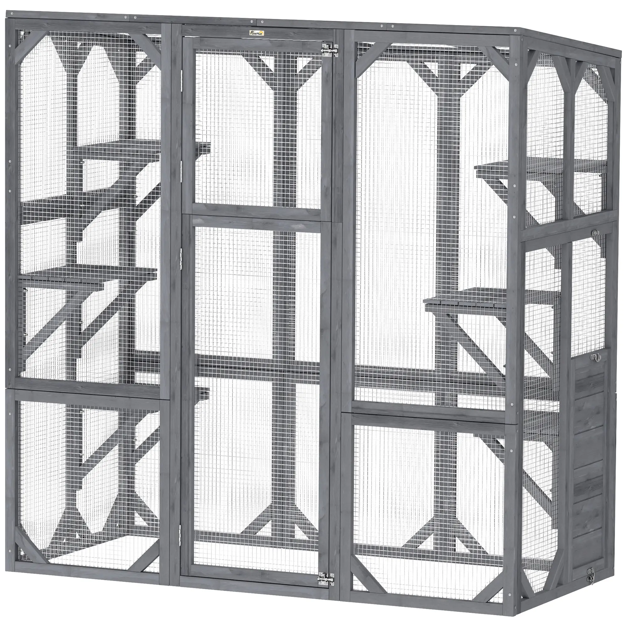 PawHut Catio Outdoor Cat Enclosure, Large Wooden Cat House with 6 Jumping Platforms, Weatherproof Roof, Outdoor Cat Cage Cat Shelter for 1-3 Cats, 59" x 28" x 60", Gray
