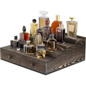 4 Tier Wooden Cologne Organizer with Drawer Storage and Hidden Compartment, Rustic Perfume Display Stand