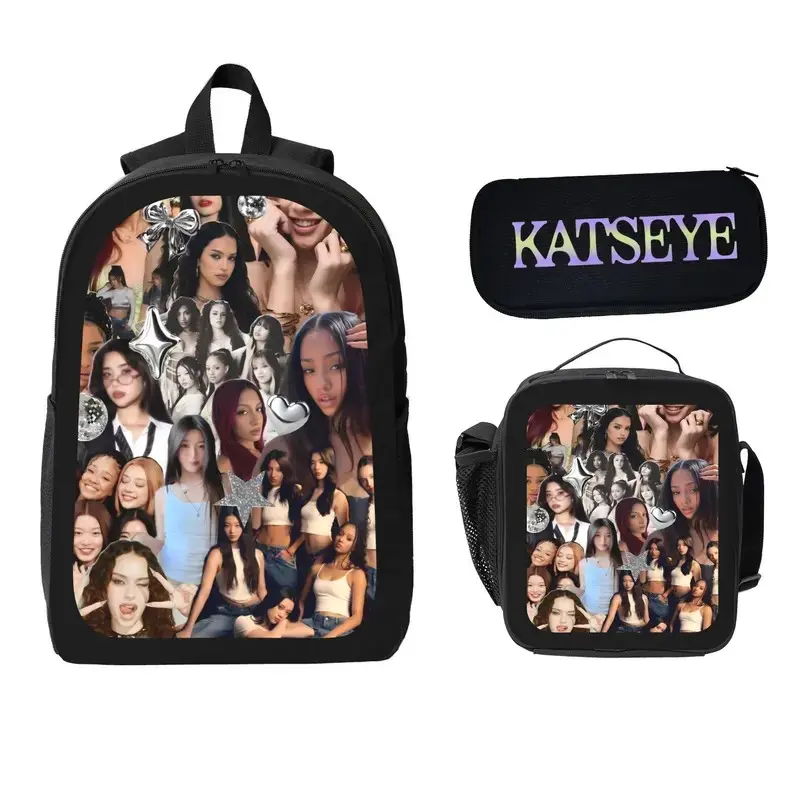 KATSEYE Unisex 3-Piece Black Color Block Backpack Set - Classic Backpack, Pencil Case, Insulated Lunch Bag - Functional Student Luggage & Bag