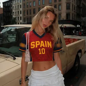 Spain Crop Top Soccer Jersey, Custom Name Number Mesh Shirt, Women Football Fan Crop Top