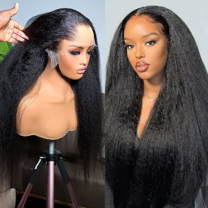 Kinky Straight 360 HD Full Lace Wigs Glueless Wig Human Hair Brazilian Yaki Straight 13x6 HD Lace Frontal Wig Preplucked 220% High Density