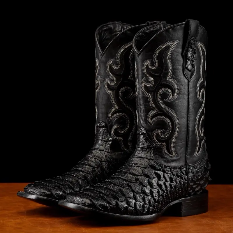 Black Jumbo Python Print Leather Boots - Square Toe