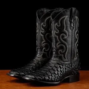 Black Jumbo Python Print Leather Boots - Square Toe