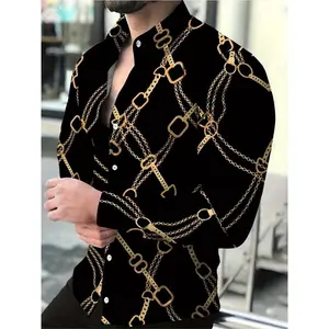 Long Sleeve Golden Chains Print Men's Button Up Shirt for Spring Fall, Party Banquet