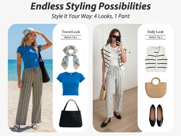 GRAPENT Women's Linen-Cotton Blend Wide Leg Striped High-Waisted Pull-On Elastic Drawcord Pants, Casual Wear for Summer Beach Vacation
