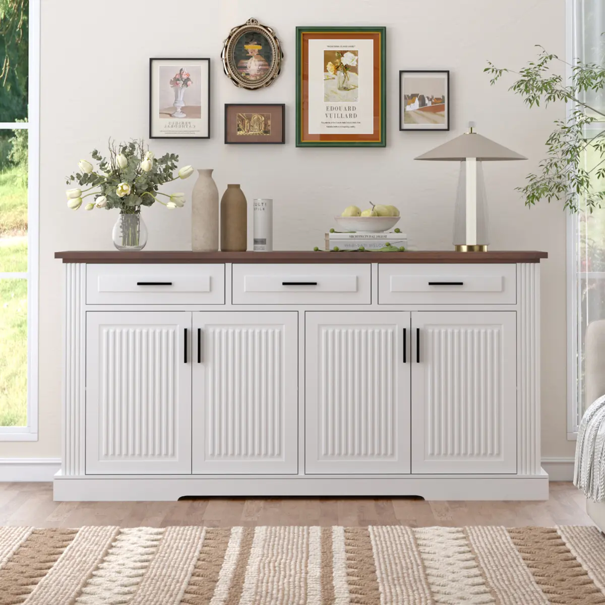63" Sideboard Buffet Cabinet with Storage, Farmhouse Kitchen Buffet Cabinet with Adjustable Shelves and 6 Barn Doors, Wood Coffee Wine Bar Console Table for Kitchen, Dining Room, White