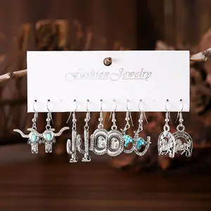 2026 New 5 Pairs Western Cowboy Earrings Set - Bull Head, Cactus, Cowboy Hat & Horseshoe Turquoise Pendant Jewelry Gift for Women, Earring For Women, Western Accessories
