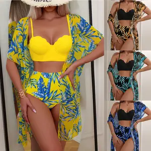New Maple Leaf Printed High Waist Mesh Jacket Triangular Skinny Bikini Foreign Trade Swimsuit Women