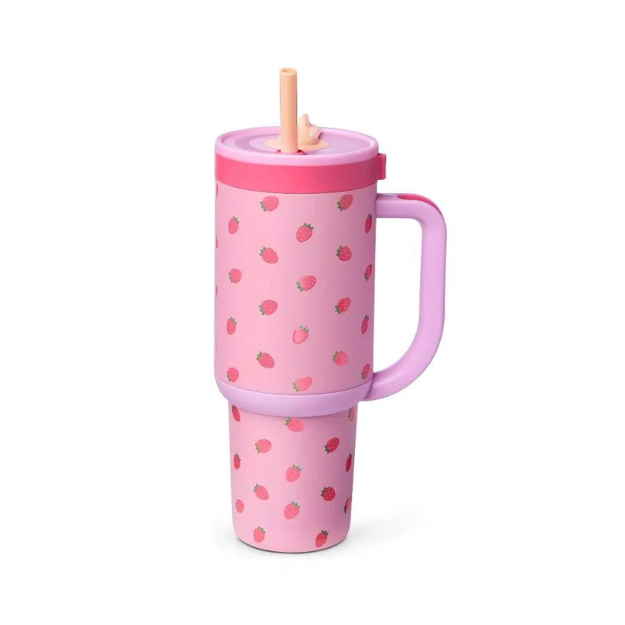 30 oz Insulated Stainless Steel Tumbler with Handle, Retractable Straw and Spill-Resistant Lid, Strawberry Print Reusable Cup, Cup Holder Friendly