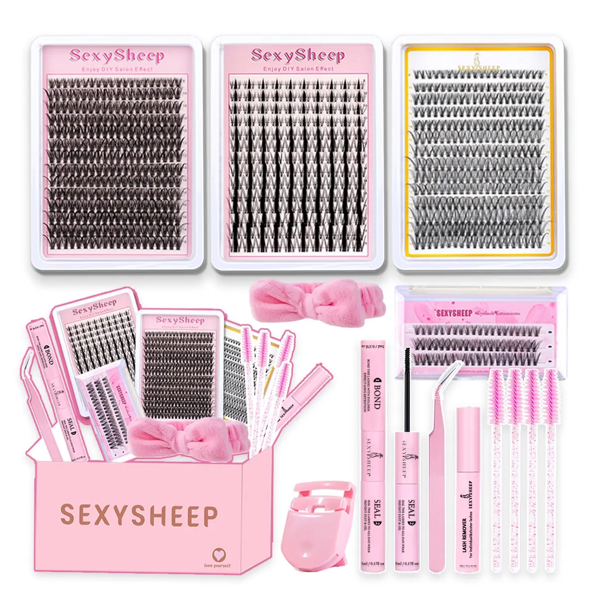 4 Box Mix Lashes Clusters Kit Gift Packs with Bond&Seal&Lashes Clip&Remove&Eyelash Tweezers&Brush Soft Extension False Eyelash D Curl Wispy Natural DIY Individual Fake Eyelashes for Beginners Bulk Pack