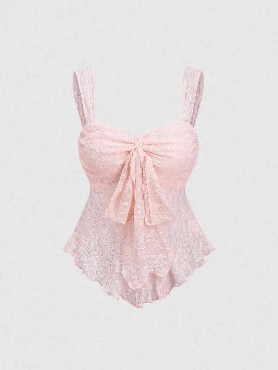 Wide Strap Bow Textured Fabric Top, Sweet & Fashionable, Suitable For Daily Wear