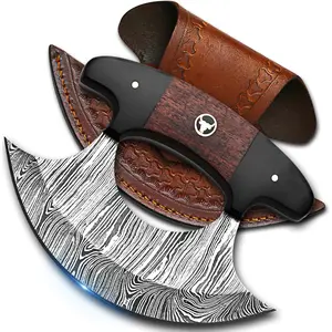 Damascus Ulu Knife- Handmade 5.5" Alaskan Pizza Cutter Small Ulu Knife with Sheath- Ideal Alaska gifts for Chopping, Slicing, Mincing, and Skinning (Black & Brown)