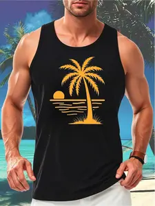 Men's Minimal Palm Tree Sunset Beach Tank Top, Menswear Black Casual Undershirt