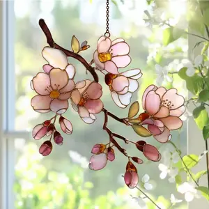 Cherry Blossom Stained Glass Suncatcher, Pink Sakura Floral Window Hanging Decor, Spring Flower Glass Art, Nature Lover Gift