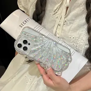 3D Conch Shell Laser Aurora Sequins Phone Case For iPhone 16 E 15 14 13 12 11 Pro Max Plus Clear Seashell Shockproof Soft Cover