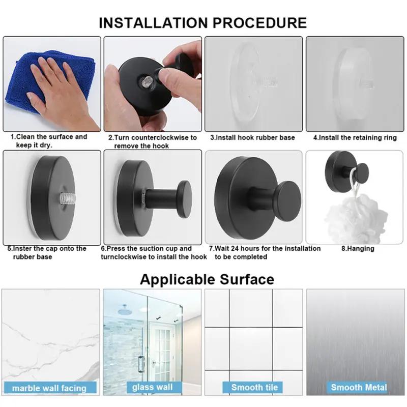 Stainless Steel Suction Cup Hooks No-Drill No-Damage Vacuum Suction Hooks for Kitchen Bathroom Bedroom Essentials 15 lbs Capacity Matte Black Organiser