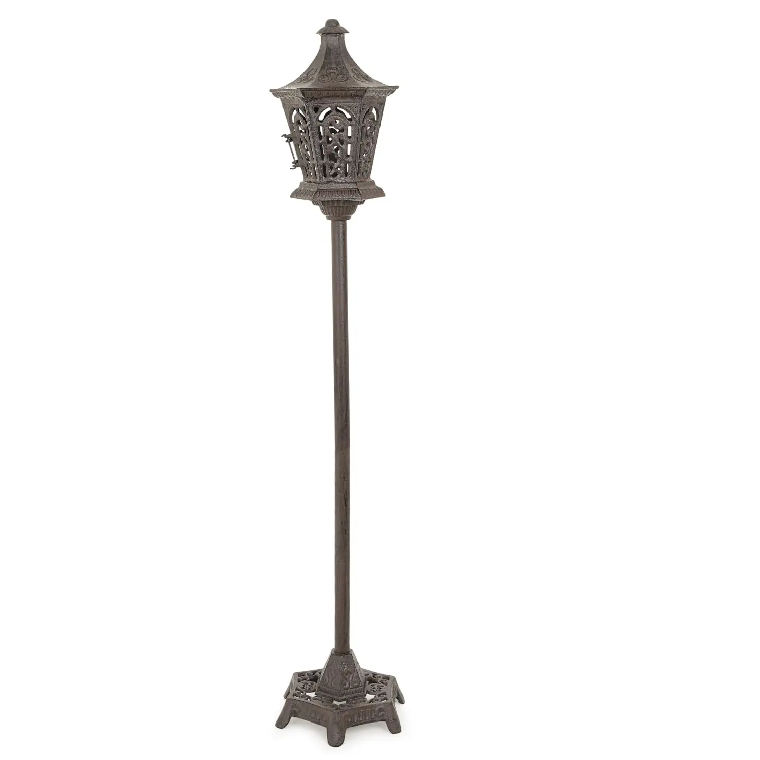 Sungmor 47in Height Cast Iron Floor Standing Lantern, Solid Metal Candlestick Candleholder, Outdoor Ornamental Rustic Home Decor for Lawn, Heavy Garden Lamp Post