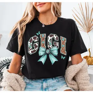 Gigi Leopard Cow Print Graphic Tee With Turquoise Bow Butterfly Unisex Top Oversized Crewneck Short Sleeve Casual Streetwear Outfit Gift