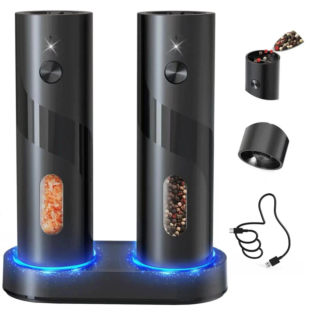 Portable Electric Salt and Pepper Grinder Set Rechargeable Automatic Pepper Mill Grinder Multi-Functional Adjustable Coarseness Larger Capacity with Led Light Grater for Home Kitchen