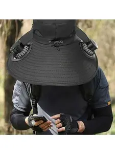 Outdoor Cooling Sun Hat With Dual Fans, Breathable Mesh Wide Brim Cap For Hiking, Fishing,