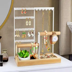 Jewelry Organizer, 4-Tier Earring Holder Organizer with 48 Holes, 6 Hooks Necklace Rack, Bracelet and Ring Stand with Wood Box, Gifts for Mothers Mom Women, Preppy Stuff & Room Decor, (White)