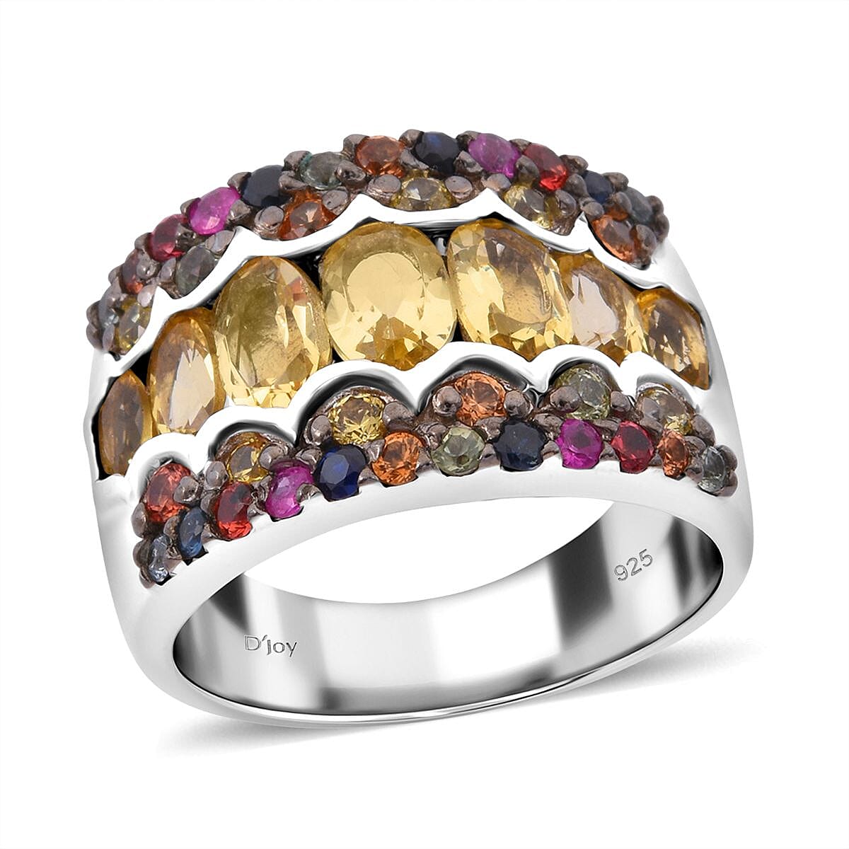 Heliodor and Multi Sapphire 3.15 ctw Art Deco Ring in Rhodium Over Sterling Silver Size 6 Christmas Gifts