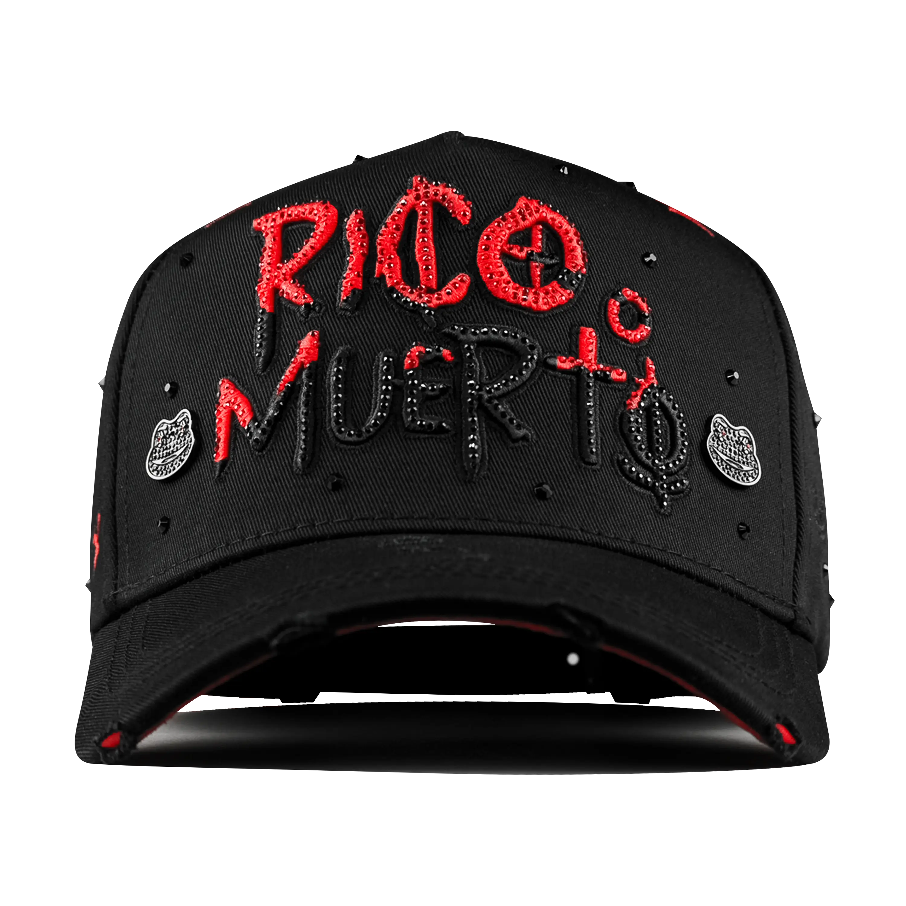 Rico o Muerto (MZ) Embroidery Snapback Hat - Black & Red Crystal Rhinestone, Handcrafted High Quality Hat for Bold Style & Durability