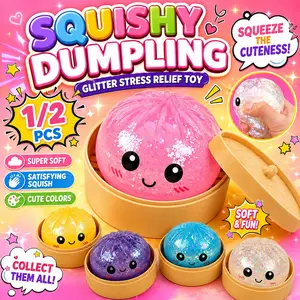 Dumpling Squishy Mystery Box 1/2PCS, Colorful Glitter Bao Stress Balls with Steamer, Stress Ball Squishies, Soft Slow Rising Sensory Fidget Toys for Anxiety Relief, Cute Party Favor Gifts