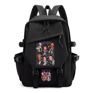 Men's Cute Cartoon Girl Group Print Multi-Strap Backpack - 5 Pastel Color Options (Pink, Off-White, Sage Green, Black, Light Blue), Drawstring Flip Front Pocket, Multi-Compartment Inner Storage