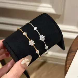 Dainty Sparking Cubic Zirconia Flower Jewelry Set Adjustable Bracelet Necklace Ring Elegant Luxury Feminine Gift