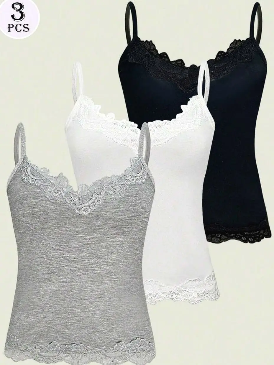 Women's 3-Pack Lace Trim Cami Tops, Adjustable Spaghetti Strap Layering Camisoles, Soft Sleeveless Tank Tops for Everyday Wear